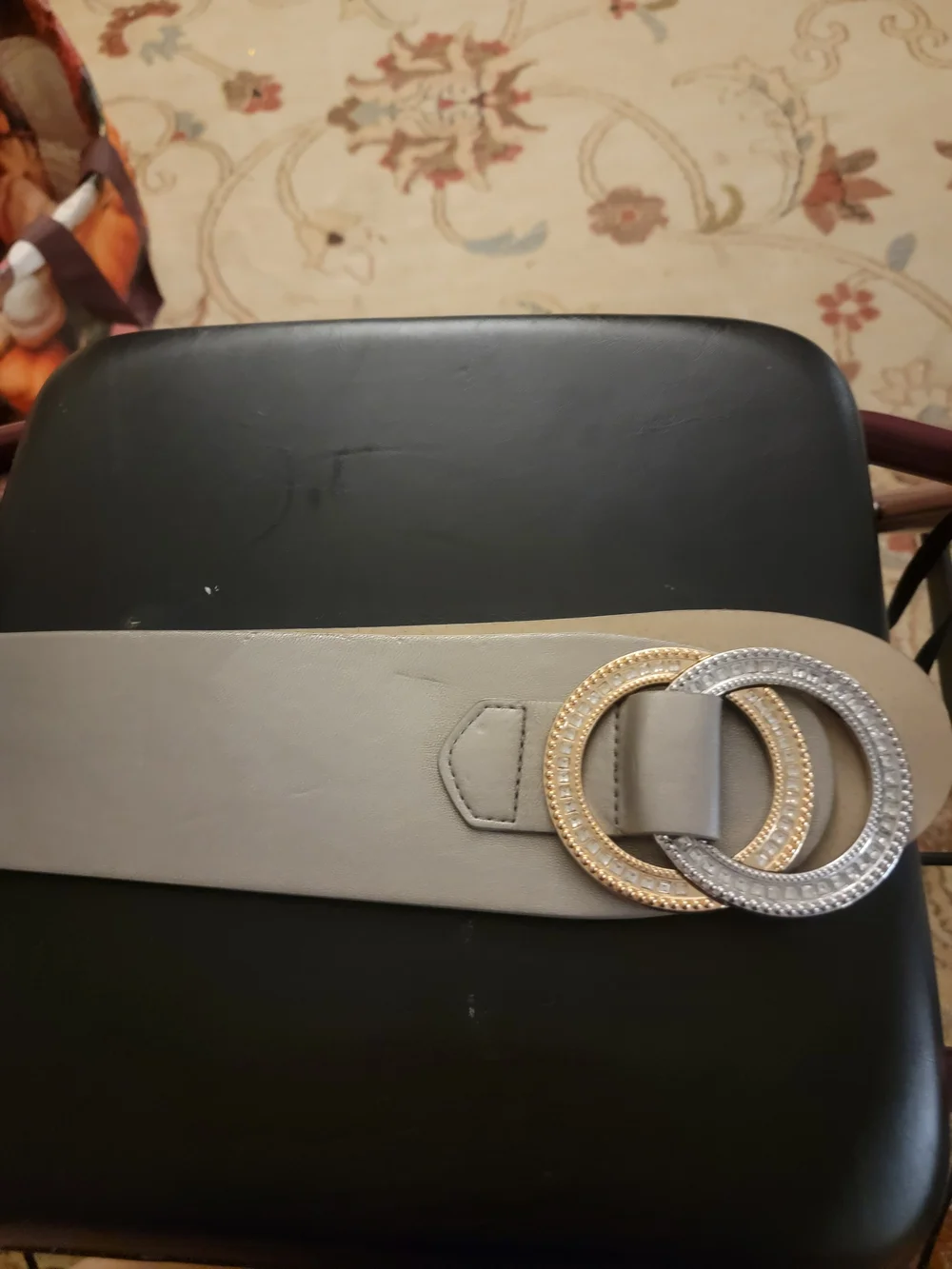Macys INC Wide Gray Women's Waist Belt with Gold & Silver  Crystal Rings Size 2X
